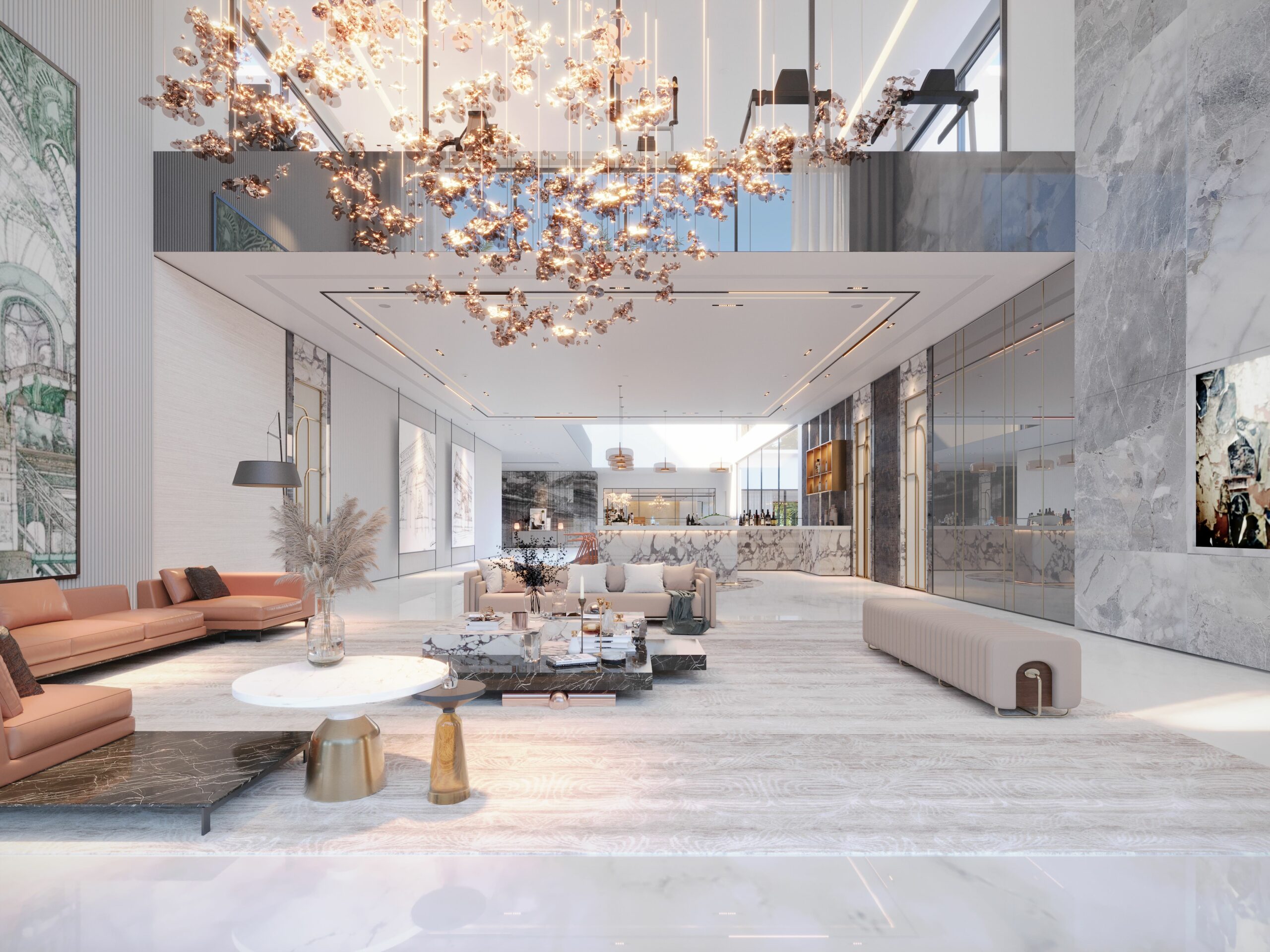 Espace de réception haut de gamme en marbre avec salon et lustre